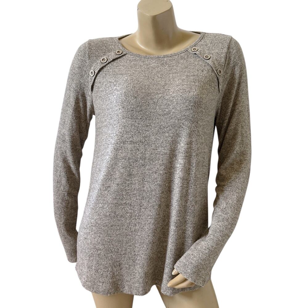 Pink Clover Womens Large Speckled Knit Sweater Top Elbow Patch Button Detail
